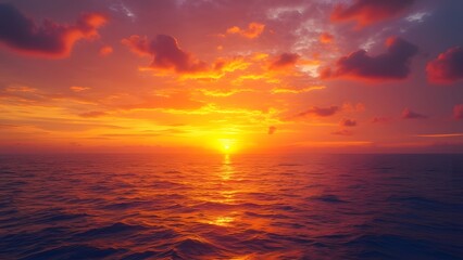 Fototapeta premium Breathtaking Vibrant Sunset over Calm Ocean, Fiery Orange and Purple Hues