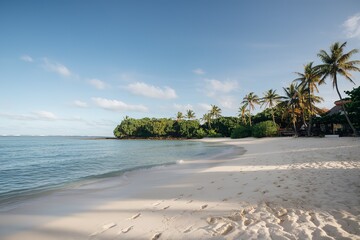 A photo of a white sand beach with clear blue water, under a clear sky
