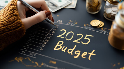  Person writing 2025 Budget on a chalkboard calendar, with scattered dollar bills and goal jars