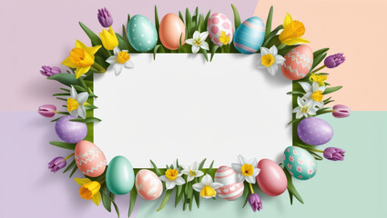 Colorful Easter eggs and spring flowers frame blank white rectangle on pastel background, creating cheerful and festive design for seasonal celebrations