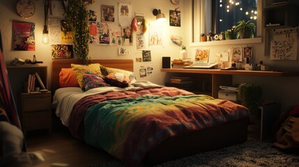 Cozy bedroom with colorful bedding, wall decor, and desk.