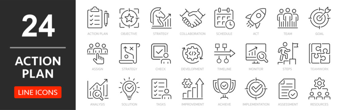 Action plan thin line icon set. Goal, strategy, plan and case monitoring. Assessment, timeline, solution, analysis, implementation, check - stock vector.