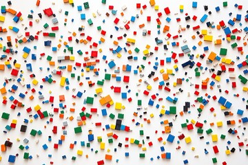Colorful Plastic Blocks Scattered on White Background: A Joyful Construction Toy Scene