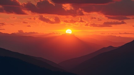 Dramatic Brown Sunset Over Majestic Mountain Range, Vibrant Hues and Silhouetted Peaks