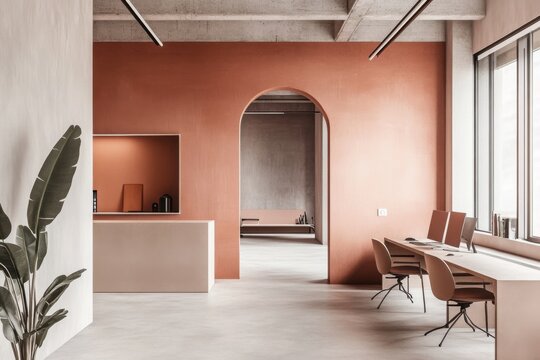 Minimalist office space featuring terracotta accents and natural light