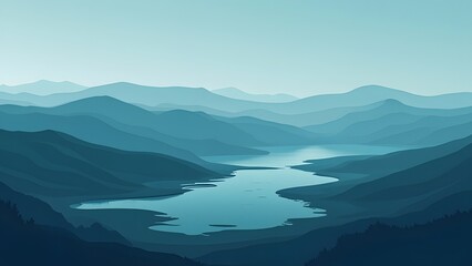 Serene Minimalist Landscape, Blue Rolling Hills and Tranquil Lake Scenery