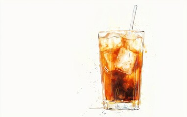A tall glass of iced coffee with a straw and visible condensation, floating on white