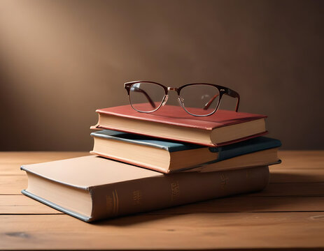 Books and reading glasses on a wooden table with natural light.
