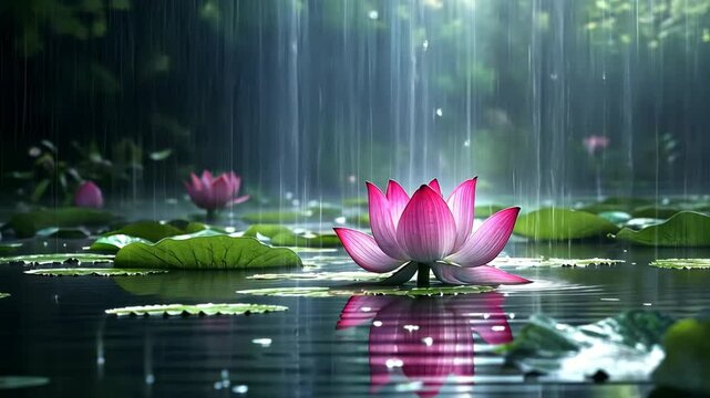 Beautiful pink lotus blooms amidst gentle rain in a serene pond setting