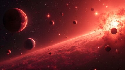 Red Nebula Galaxy, Celestial Scene with Planets and Stars - Stunning Otherworldly Space Background