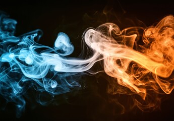 Colorful Smoke Swirls in Blue and Orange Against a Dark Background