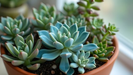 Obraz premium Stunning Teal Potted Succulent Collection, Echeveria, Sedum & More