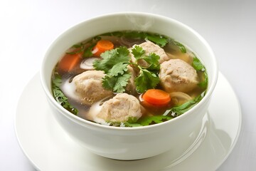 a bowl of fresh hot soup with chicken meatballs and vegetables