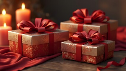 Obraz premium Three Luxurious Red Satin Gift Boxes with Gold Foil Accents on Wooden Table, Candlelight Setting - Holiday Presents