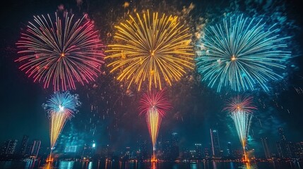 Colorful fireworks illuminating the night sky over a cityscape, festive and joyful 