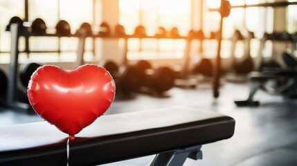 Gym with Valentine's Day red heart balloon, special offer for sports passes