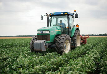 Fototapeta premium Farmer Driving Tractor Through Soybean Field