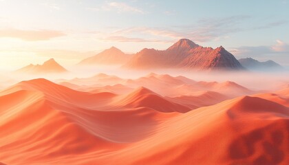 Naklejka premium Misty sunrise over vast desert dunes with mountains in background