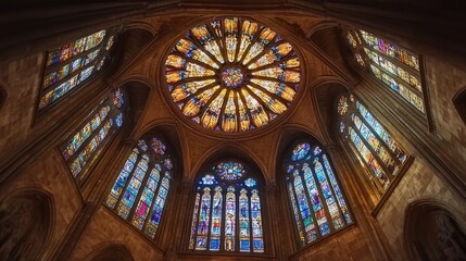 Obraz premium Cathedral Rose Window, Stained Glass, Sunlight, Architecture, Interior, Worship, Spirituality, Tranquility, Europe
