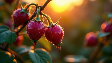 Vibrant Red Berries in the Warm Glow of an Autumn Sunset

