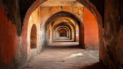 Ancient arched corridor, fort interior, sunlight, decay, history, travel