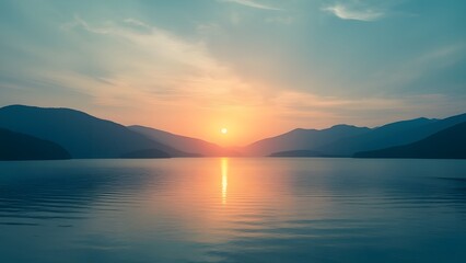 Serene Cyan Sunset Over Tranquil Lake with Rolling Hills, Peaceful Landscape Photography
