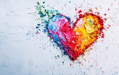 A vivid heart formed by paint splatters in multiple colors on a minimalist white backdrop for valentines day