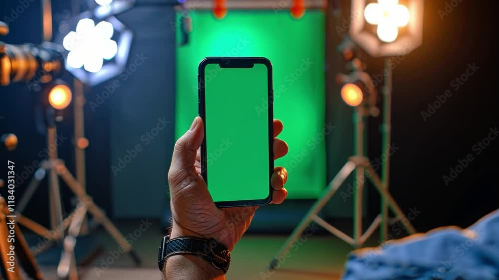 Poster a person holds a smartphone with a vibrant green screen, surrounded by studio lights and a chromakey