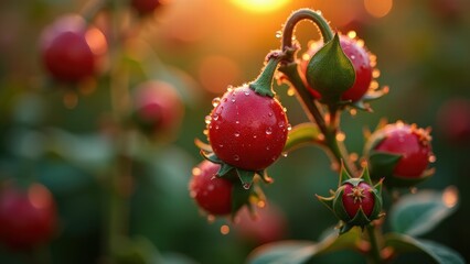 Obraz premium Vibrant Red Berries in the Warm Glow of an Autumn Sunset