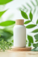 White container with bamboo cap placed on wooden surface surrounded by green plants