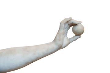 female antique statue hand holding with a objekt ball, isolated on free PNG Background.