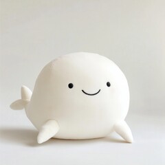 Cute white whale plush toy with chubby body, smooth surface, smiling face, simple round design, fluffy material, warm lighting.