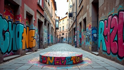 Fototapeta premium Urban street art graffiti alley with vibrant colors. Concept of creativity, expression, and urban culture.