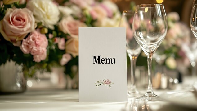 Elegant Floral Menu Design for Romantic Events, Featuring Delicate Roses and  Subtle Greenery Accents on Table Setting