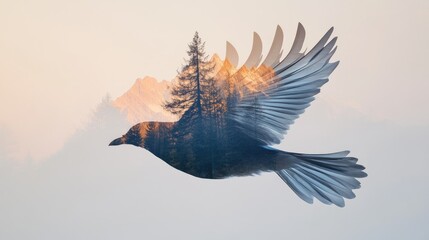 Fototapeta premium A bird in flight blended with mountain landscapes in a double exposure style, illustrating harmony between nature and motion.