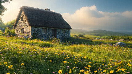 Traditional Irish cottage in a flower-filled field