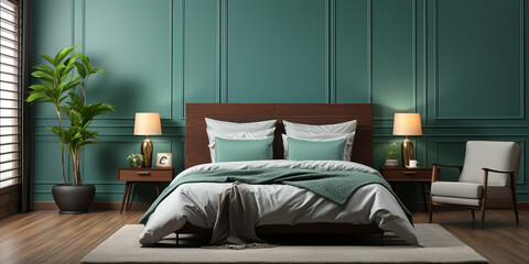 Modern bedroom with teal paneled walls, elegant wooden furniture, cozy bedding, and a large potted plant enhancing the serene ambiance.