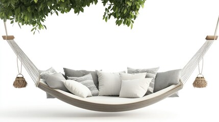 A chic, comfortable hammock adorned with soft cushions, creating a peaceful ambiance on a white background.