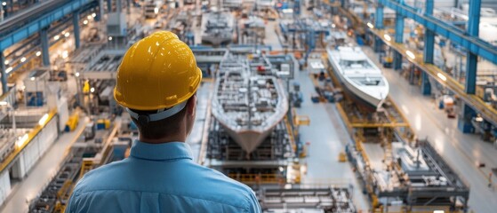 A man in a yellow helmet looks out over a large factory floor
