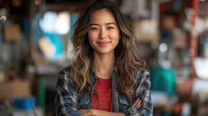 Confident woman, workshop background, arms crossed, smiling, portrait