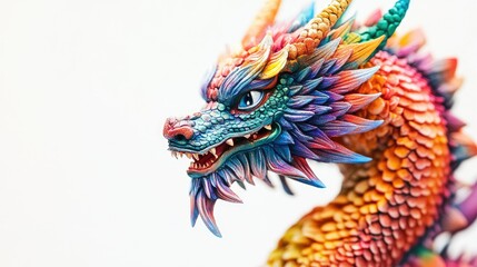 Obraz premium A close-up of a mythical dragon figurine with vibrant colors and exquisite details, isolated against white.