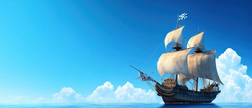 A pirate ship sailing the Caribbean Sea during the golden age, with the Jolly Roger flag billowing, as swashbuckling buccaneers prepare for a treasure hunt,