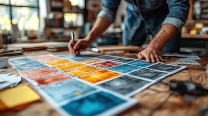 Craftsman designing artwork, studio, sketching, colorful, workshop