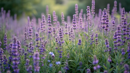 Fototapeta premium Vibrant Lavender Wildflowers, Lush Greenery and Natural Beauty in Purple Hues