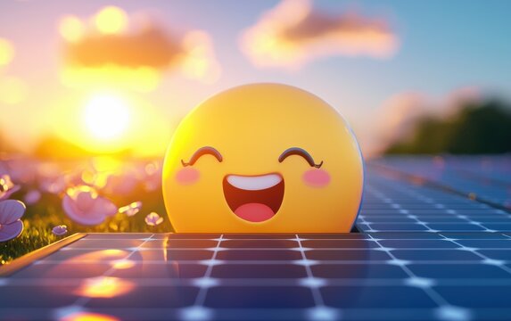 cute solar panel charachter smiled and happy
