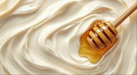 Yogurt swirl with honey dipper close up, whipped cream texture, top view background