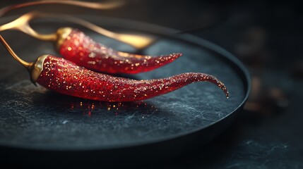 Glittering red chili peppers on dark plate with elegant presentation