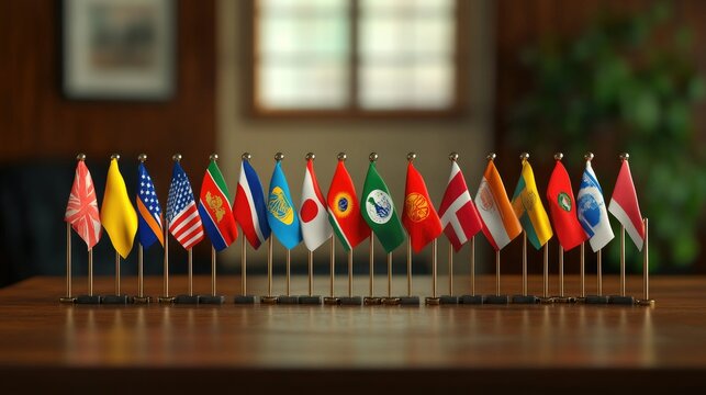 A collection of colorful international flags arranged on a wooden table, symbolizing diplomacy in an office