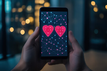 Dating online, A smartphone display shows a vibrant digital sunset, capturing the blend of technology and nature in a modern setting.