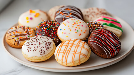Assorted Decorated Cookies With Colorful Drizzle Displayed on a White Plate at a Festive Gathering